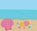 Greeting card landscape sea sky sand starfish shell vector illustration Royalty Free Stock Photo